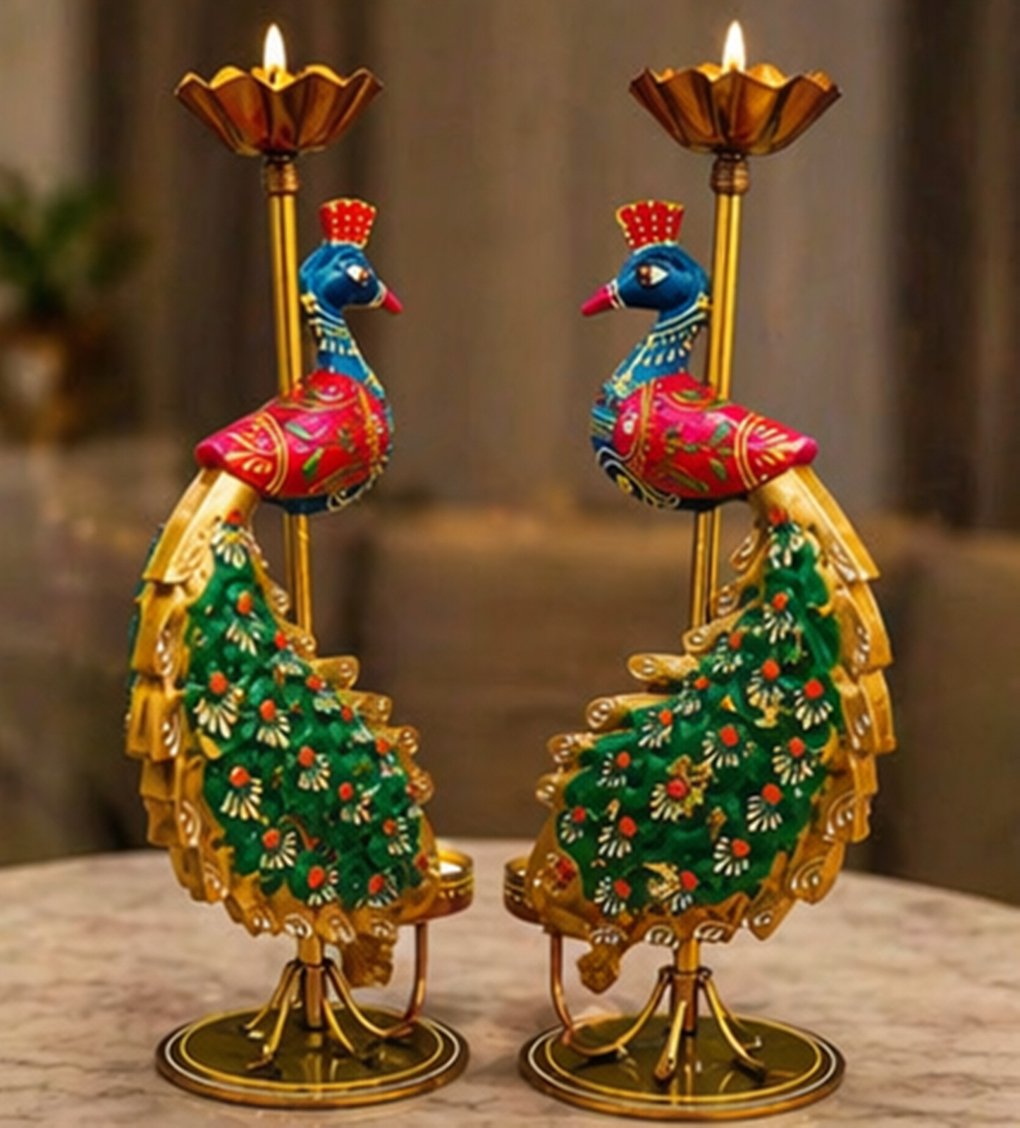 2-Pieces Handcrafted Colorful Peacock Tealight Candle Holder Set, Hand-Painted M
