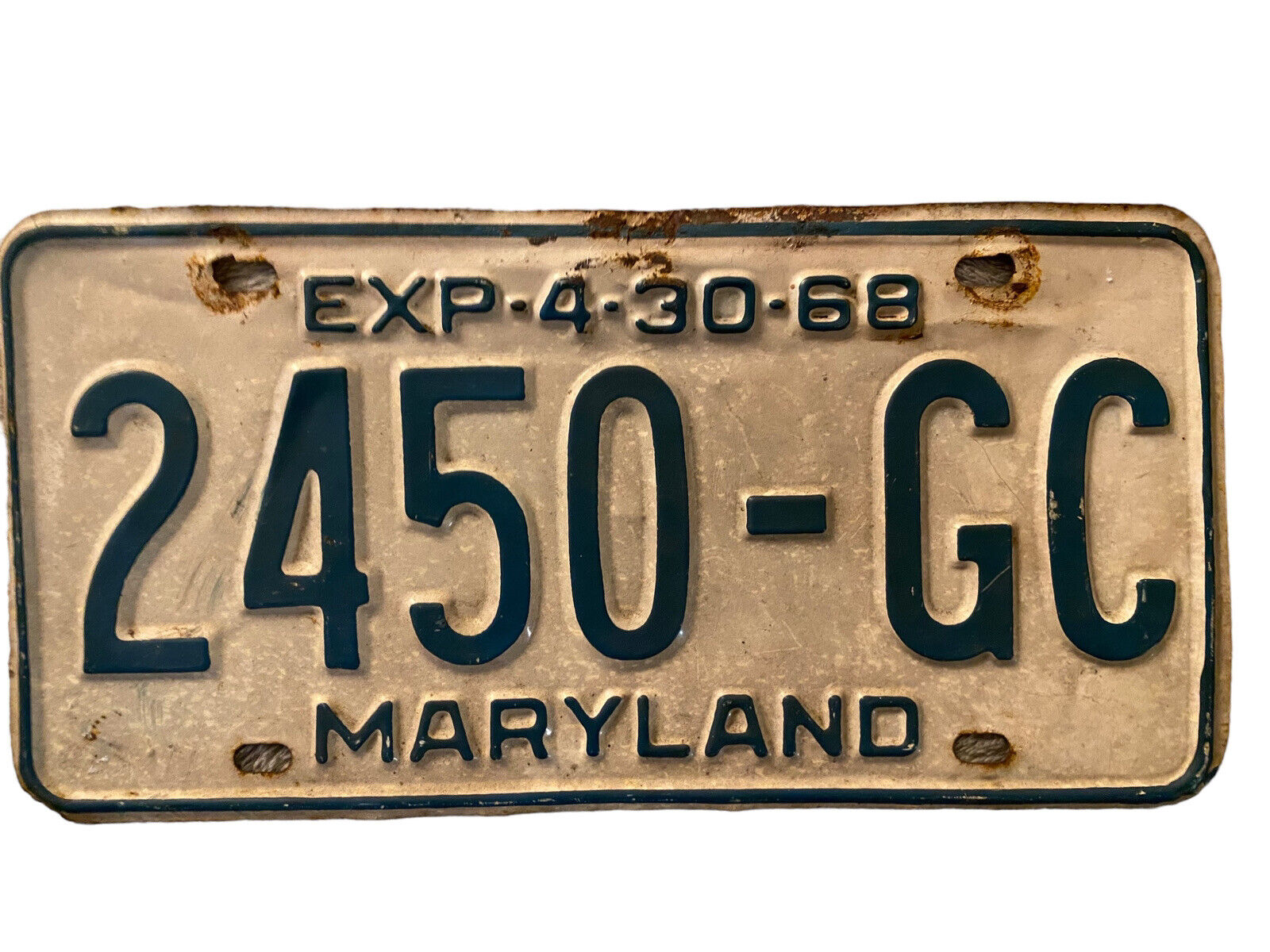 Vintage Maryland License Plate Tag White With Blue Lettering 4-30-68 Exp
