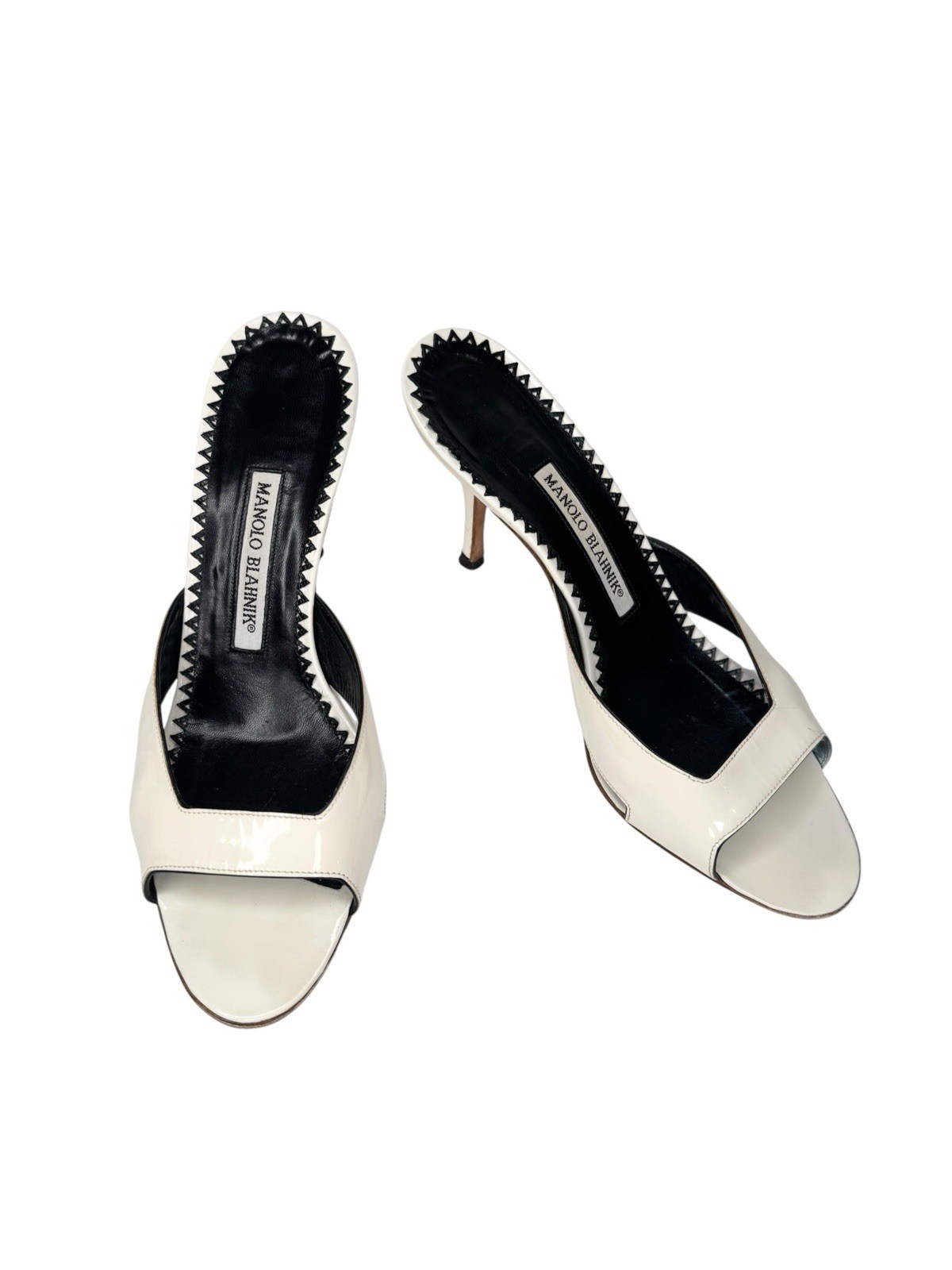 Manolo Blahnik Sz 38 White Patent Leather Mule Sandals Stiletto Slides