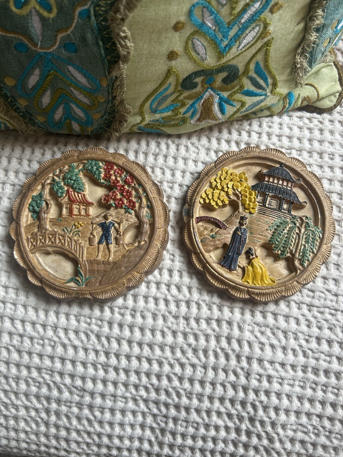 Vintage MCM Chalkware Asian Wall Plaques 3D Plaster Pagoda Set of 2 4.5\