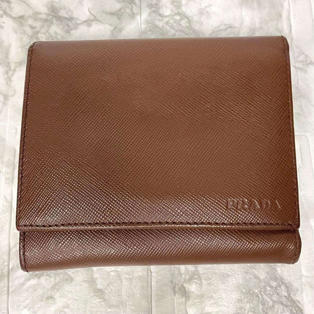 PRADA Women Accessories Saffiano Leather Trifold Wallet W Hook Brown VHTF Design