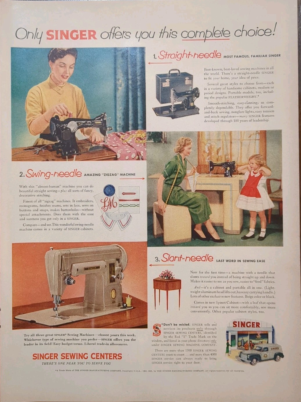 Vintage 1953 Singer Sewing Machine Print Ad, Singer Sewing Center 