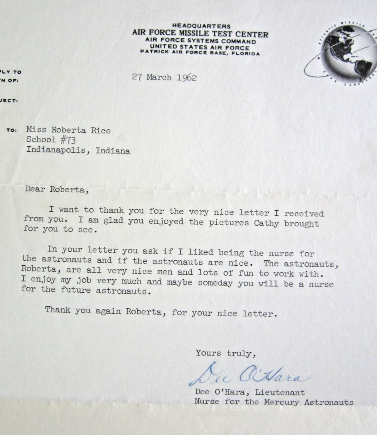 Dee O\'Hara, Astronauts\' Nurse, Letter on RARE 1961-1964 US Air Force Letterhead