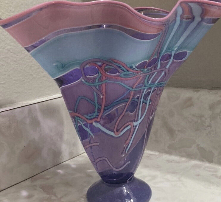 Vintage MCM Vase Hand Blown Glass Retro 90s Abstract Floral Vase Flared Swung