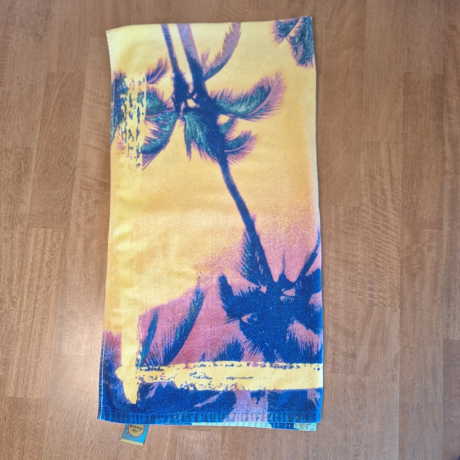 VTG 90s Tropical Beach Towel Palm Trees Sunset Neon Pink  Yellow Blue Vietnam 