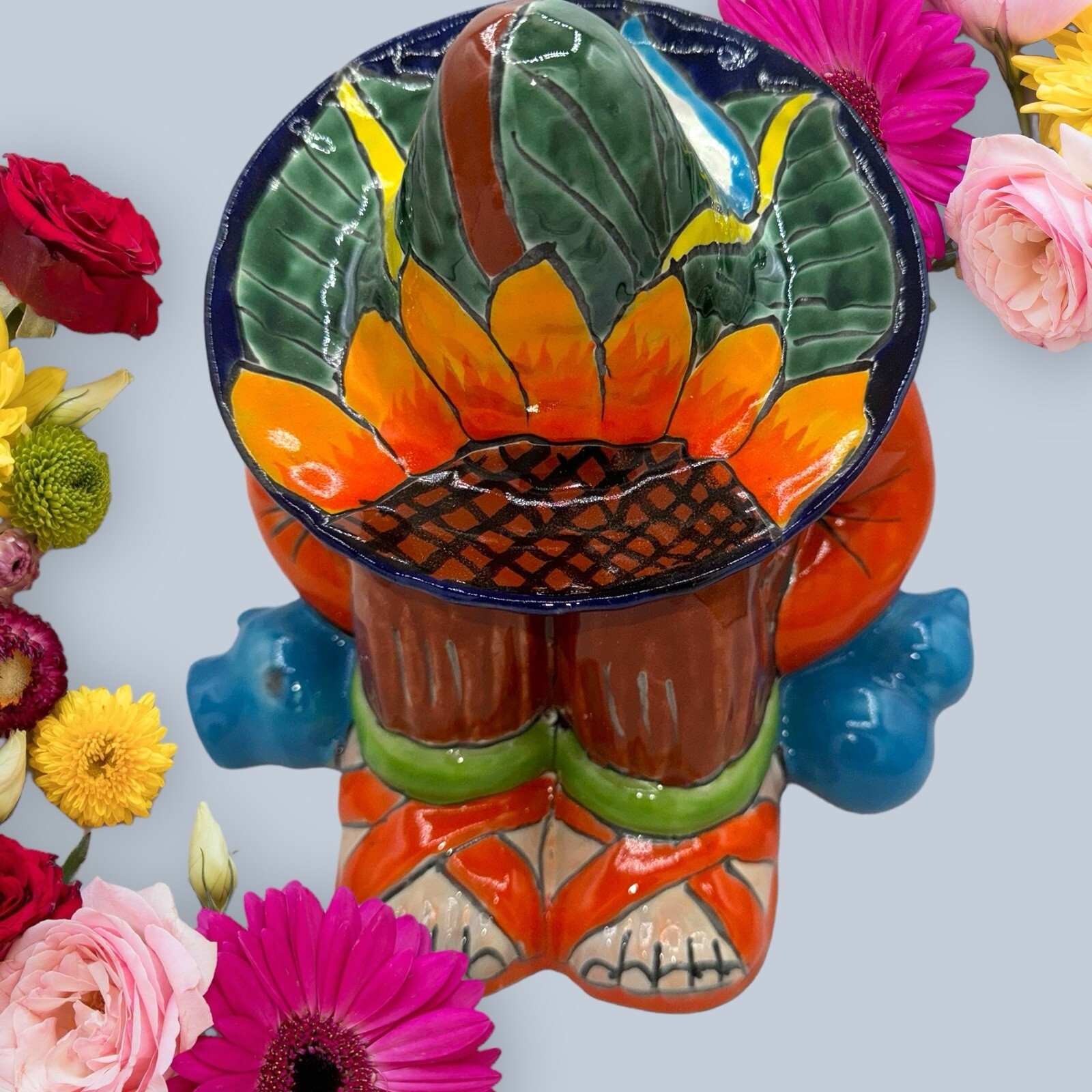 Talavera statue Panchito medium Multicolor Sleeping Man and sunflower liles