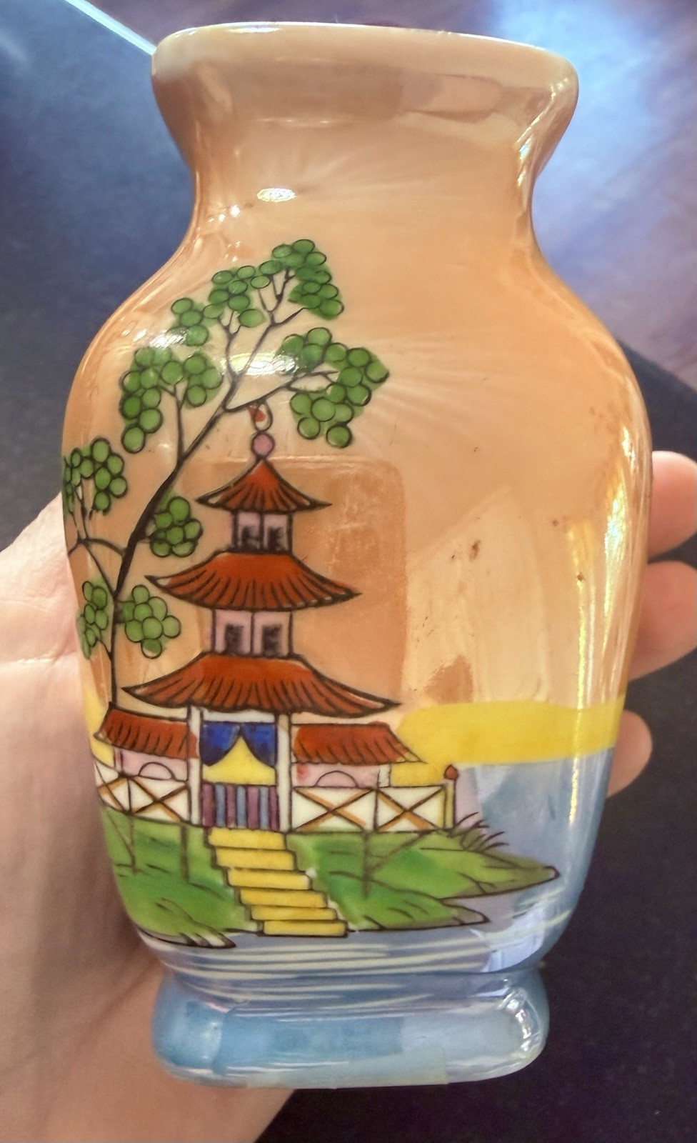 Vintage Noritake Hand Painted Pagoda Scenic Porcelain Vase 4” Japan