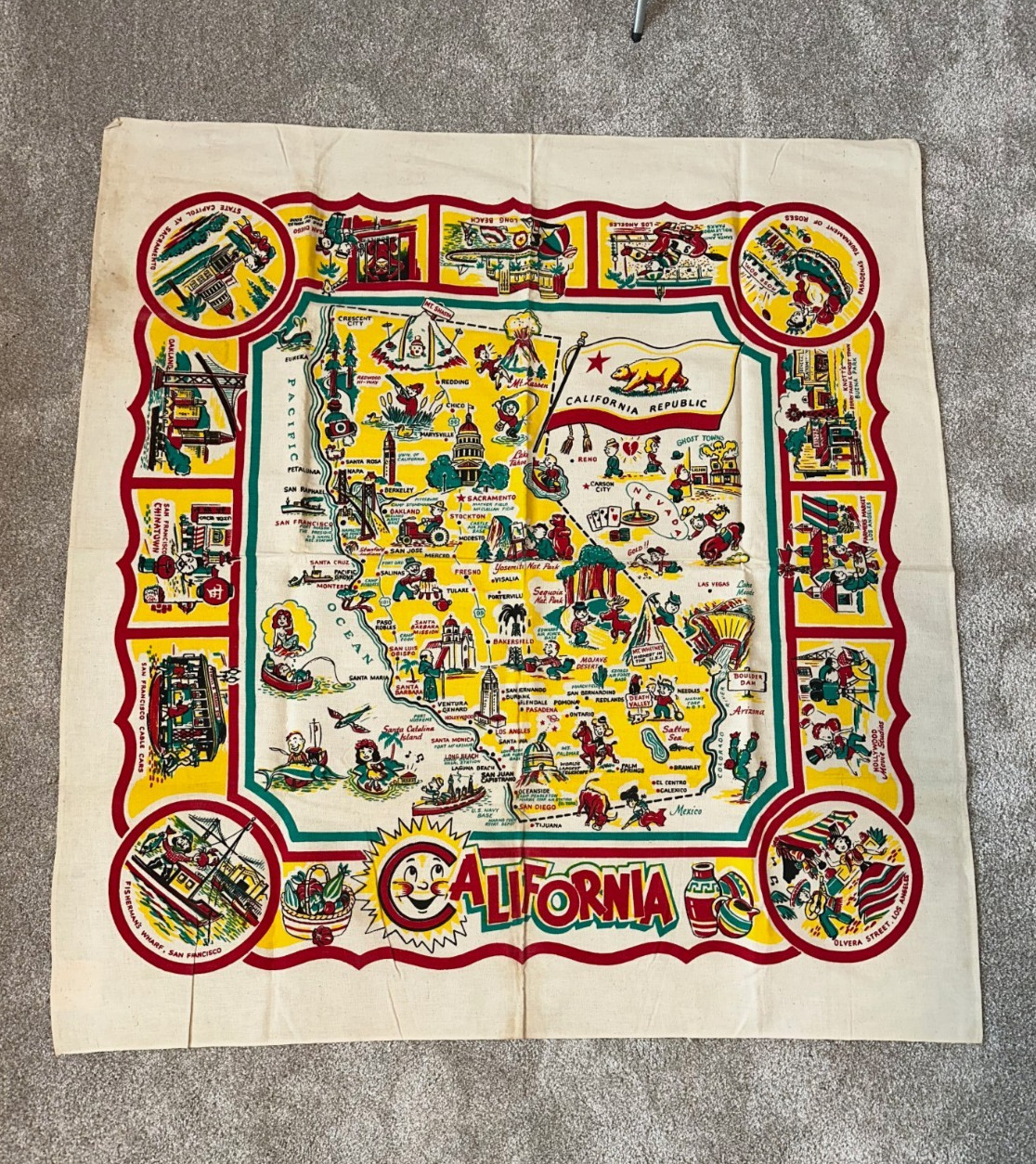 NOS Vintage 1950\'s California Souvenir State Cactus Cloth Tablecloth Table Cloth