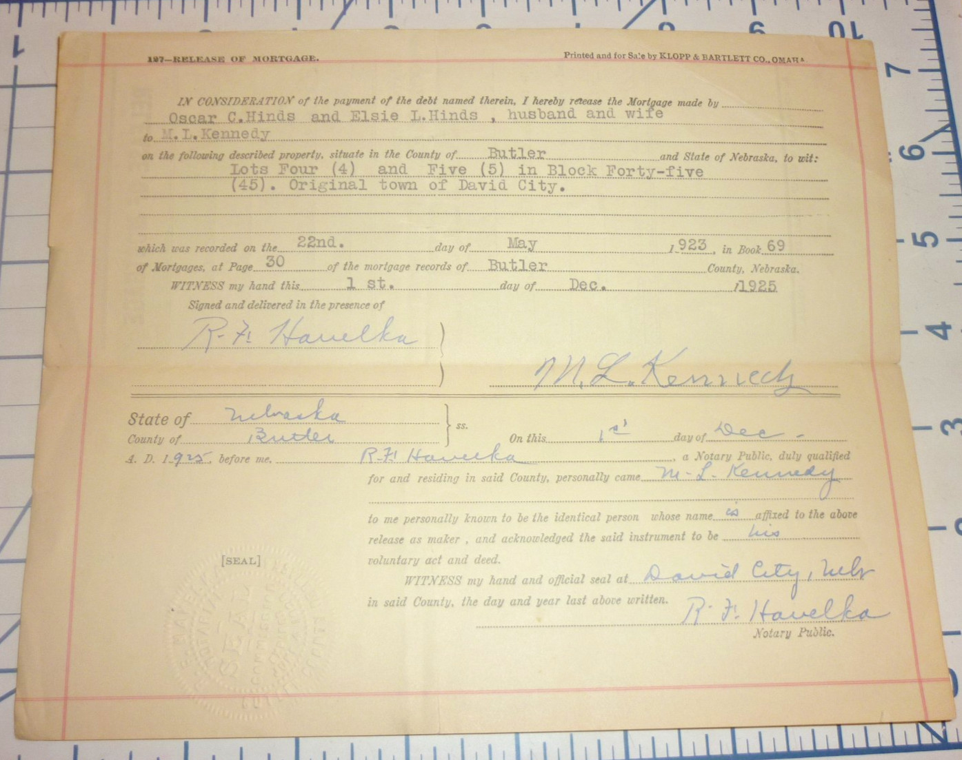 1925 David City Butler County Nebraska Mortgage Release Deed Legal Ephemera Hind