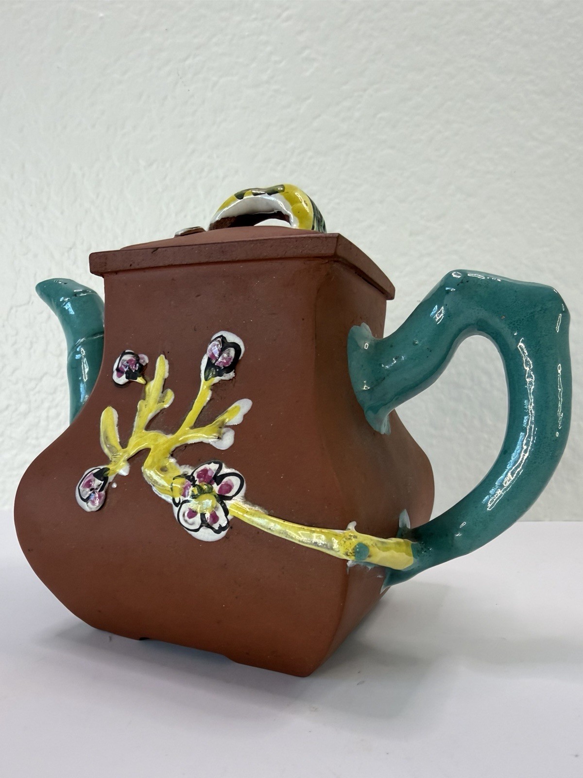 Vintage Chinese Terracotta Teapot Bamboo Spout Handle Plum Blossom Prunus Clay 
