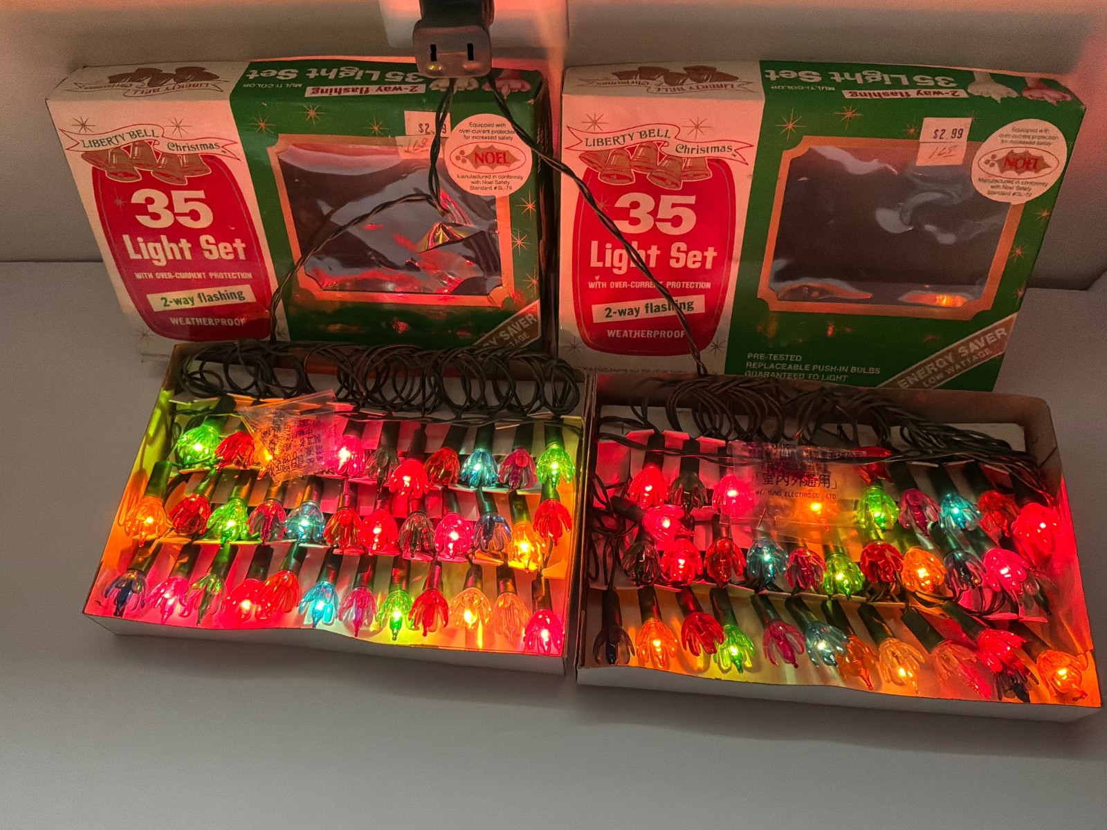 2 MCM Liberty Bell Christmas 35 Lite MultiColor Flashing Indoor Outdoor NOS 1982