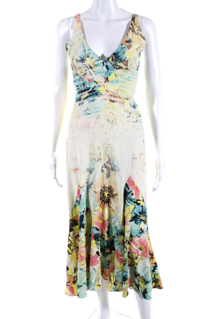Roberto Cavalli Womens V Neck Floral Abstract Silk Midi Dress Multicolor Medium