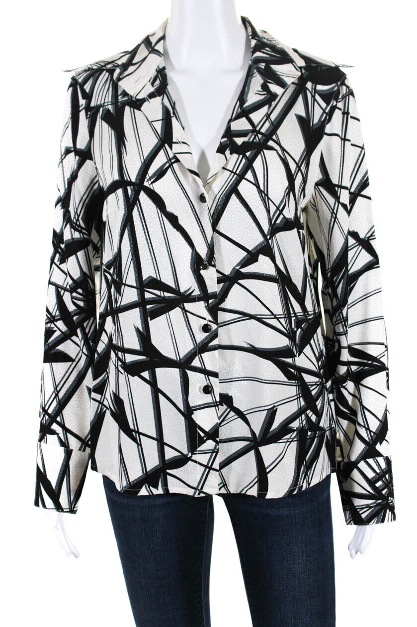 Escada Women\'s Silk Long Sleeve Button Down Abstract print Blouse White Size 36