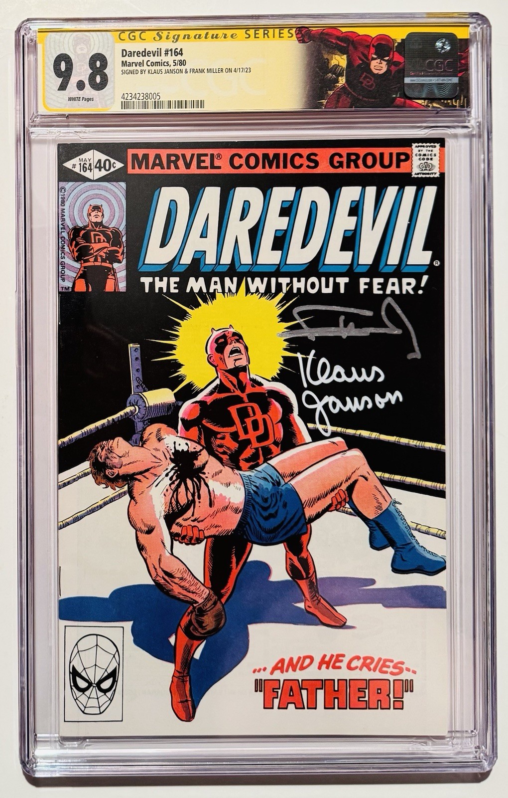 DAREDEVIL #164 CGC SS 9.8 DD ORIGIN RETOLD SIGNED BY FRANK MILLER & KLAUS JANSON