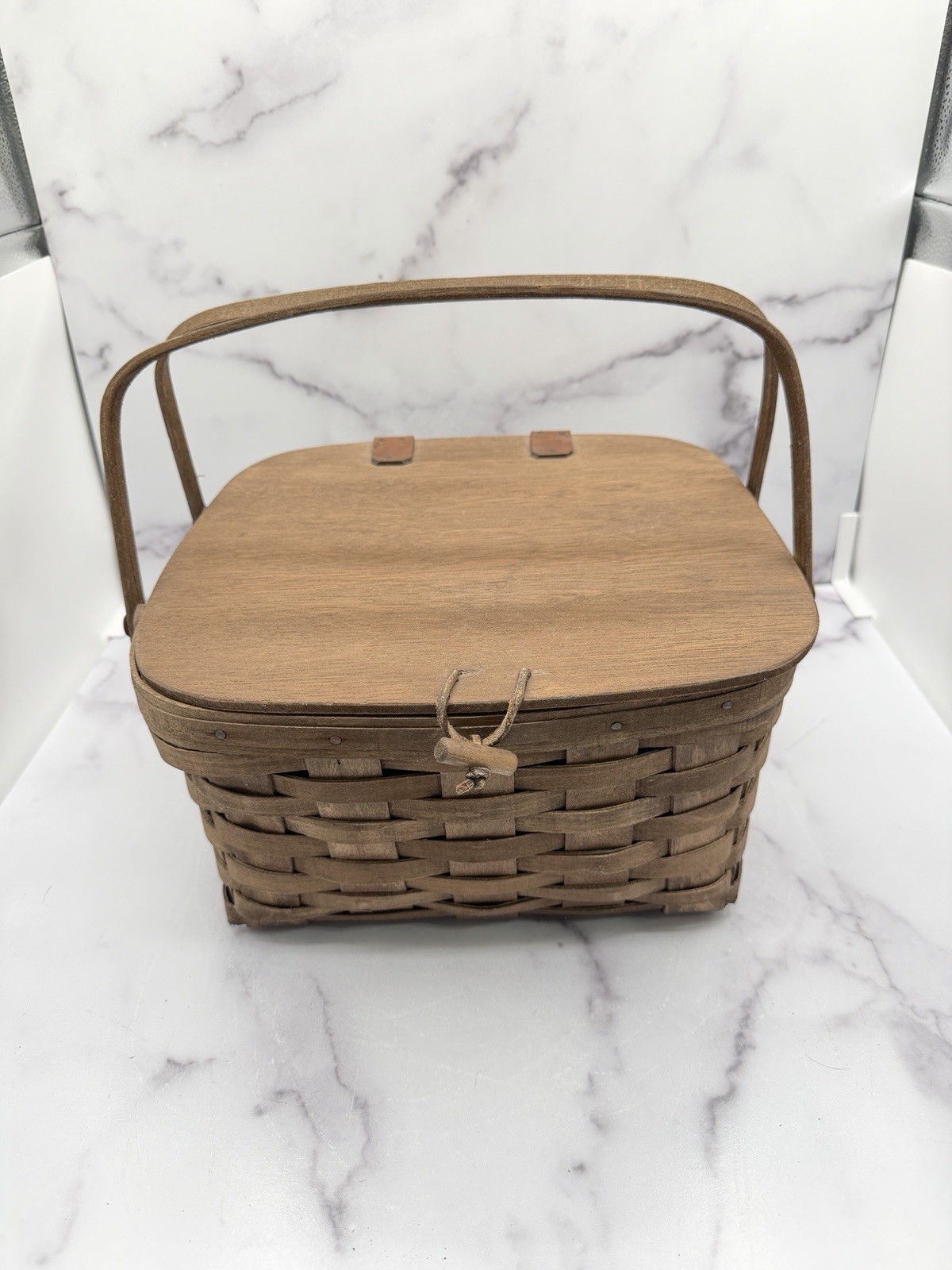 Vintage 1981 Longaberger Pie Basket Lid Riser Double Handles Dark Stain