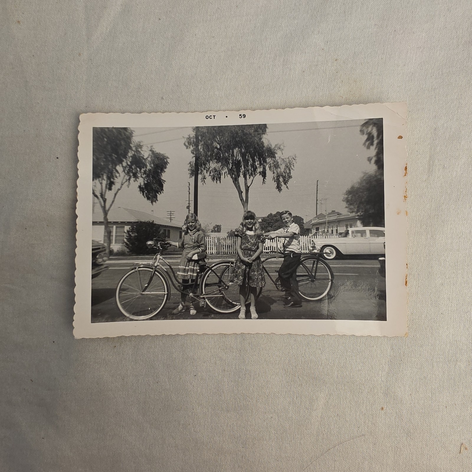 Vintage 1959 B&W Snapshot Photo Kids with Bicycles 1950s Car Deckle Edge 3.5x5