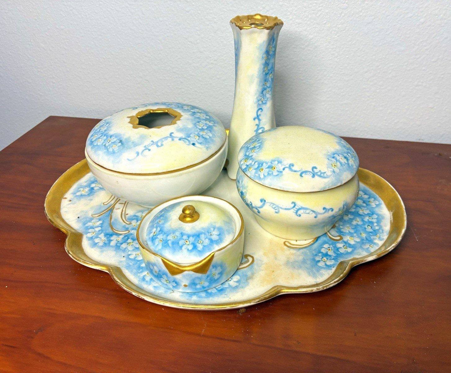 Vintage Bavaria Porcelain Vanity Set Blue Floral Gold Trim Tray Jars Hatpin