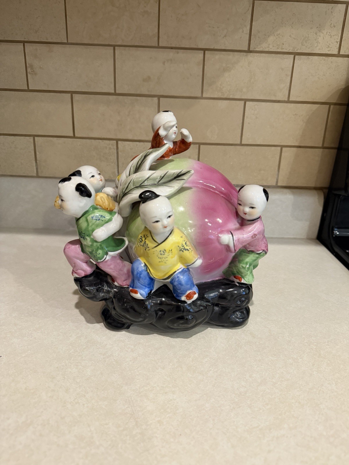 Vintage Chinese Porcelain Figurine Pi’s Kids Dragging A Peach