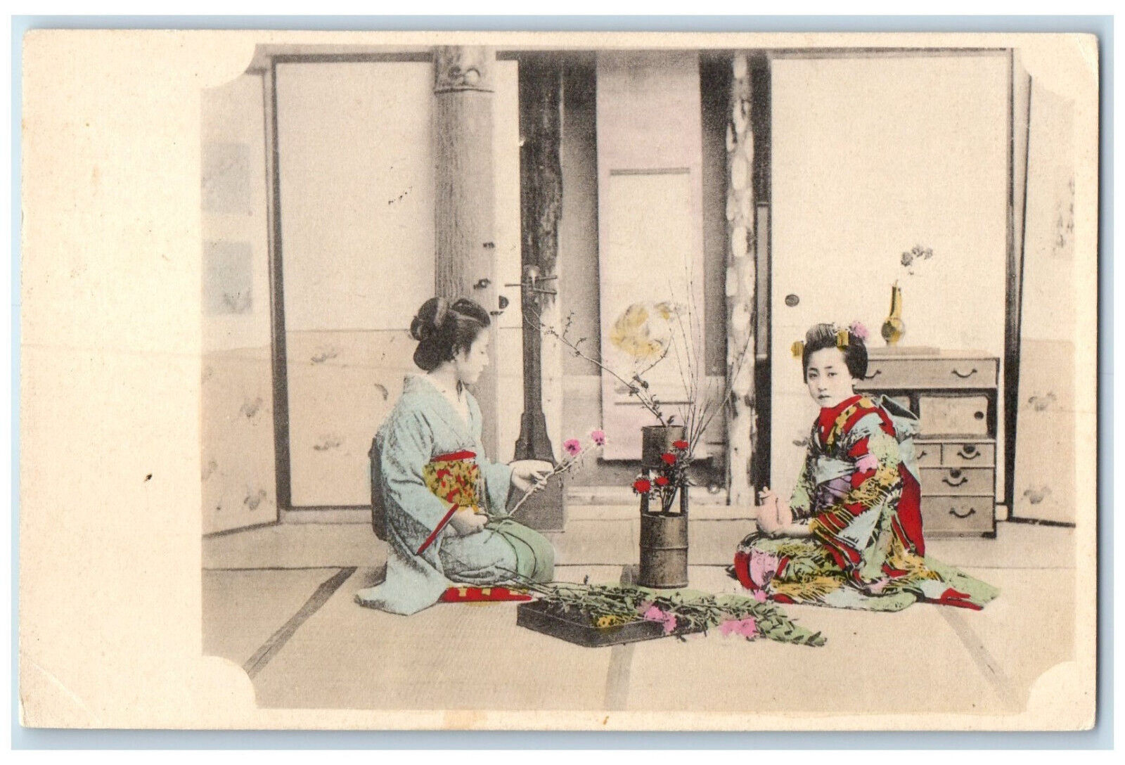 c1905 Women Wearing Traditional Dress Ikebana Flower Arrangement Japan Postcard