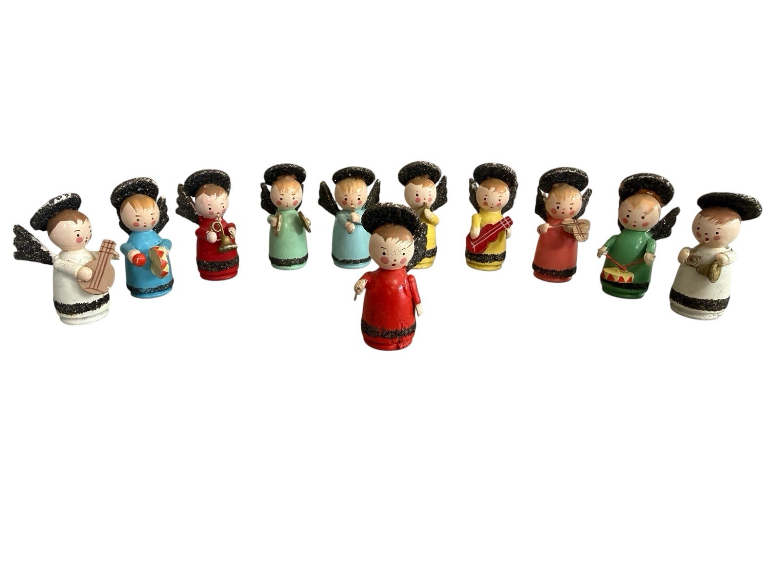 11 Vintage  Feri Italy Handmade Wooden Angel Orchestra Figurines Miniature Band