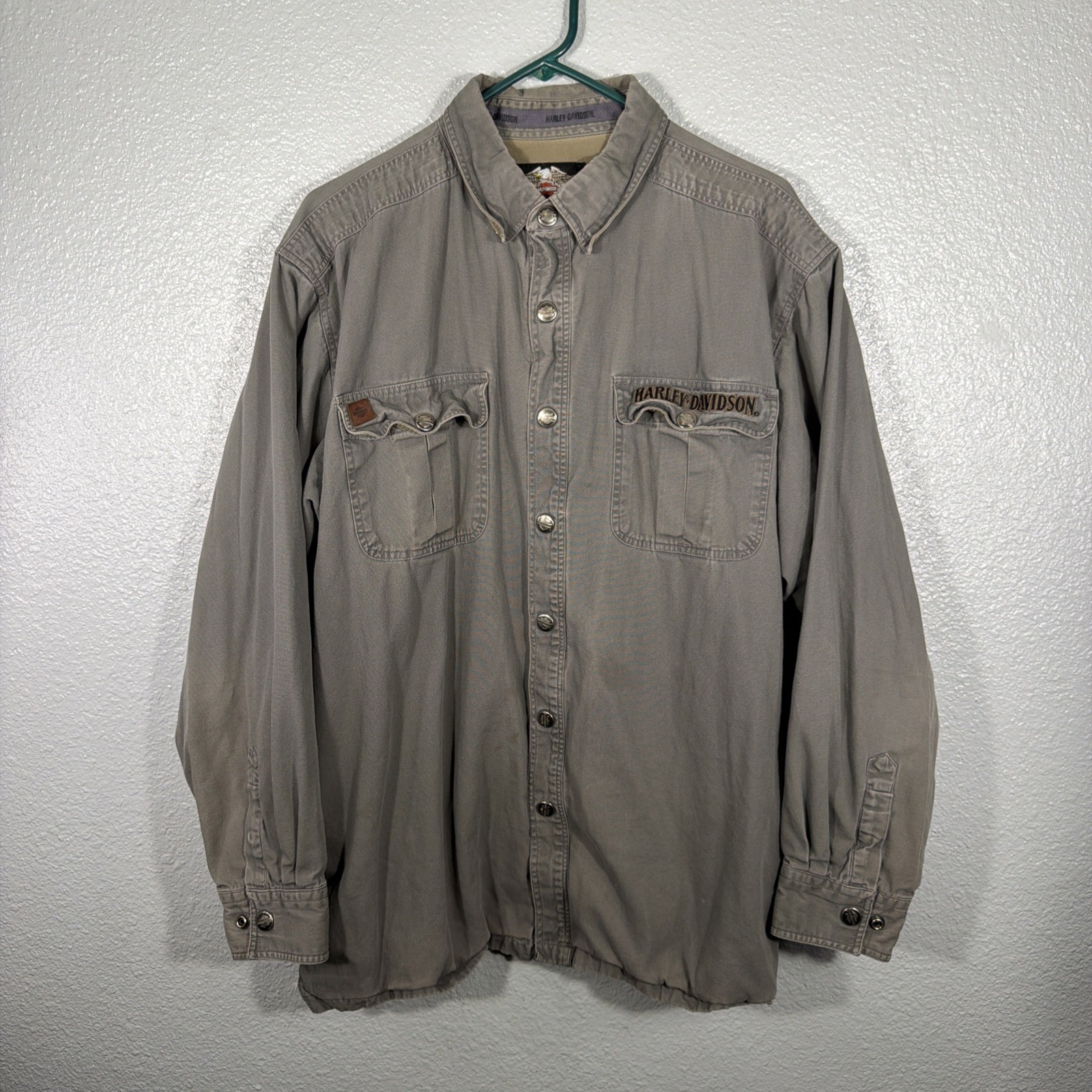 Vintage Harley-Davidson Grey Chore Jacket Embroidered On Front/Back Size XL RARE Vintage Harley-Davidson Grey Chore Jacket Embroidered On Front/Back Size XL RARE