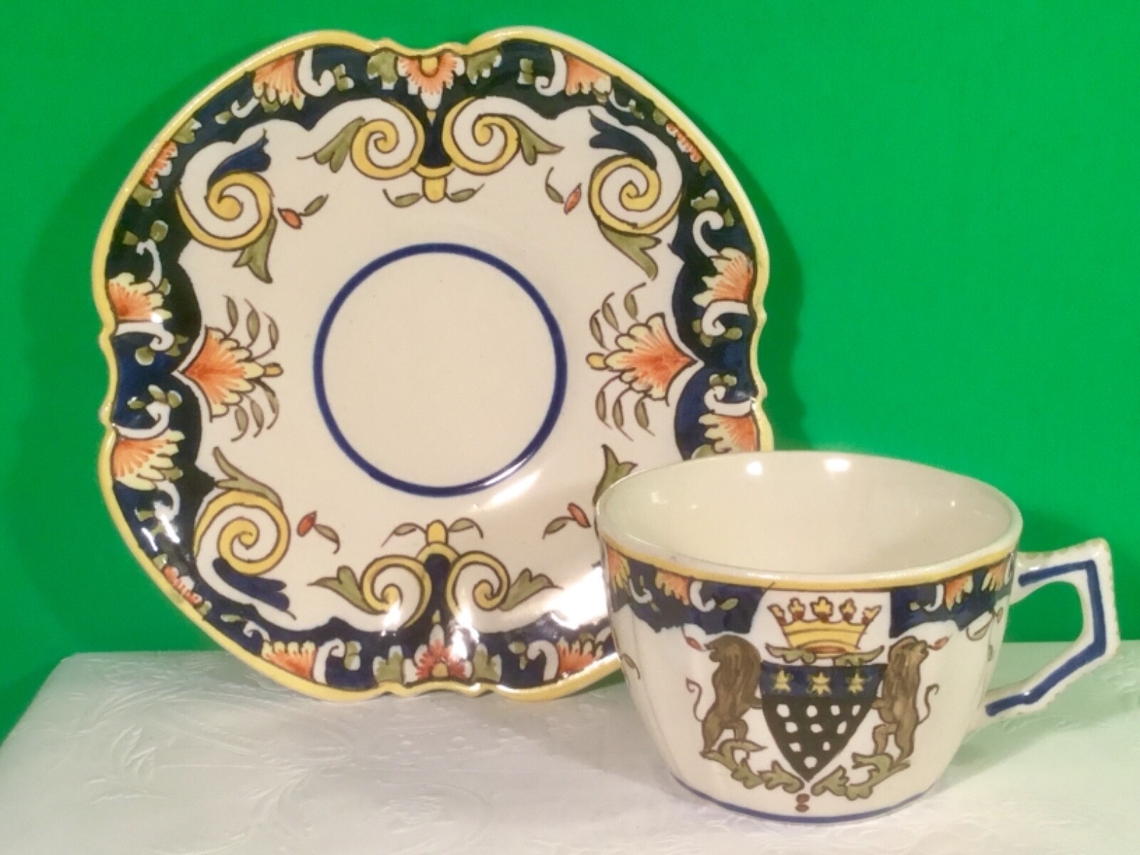 Antique French Faience Rouen Cup and Saucer