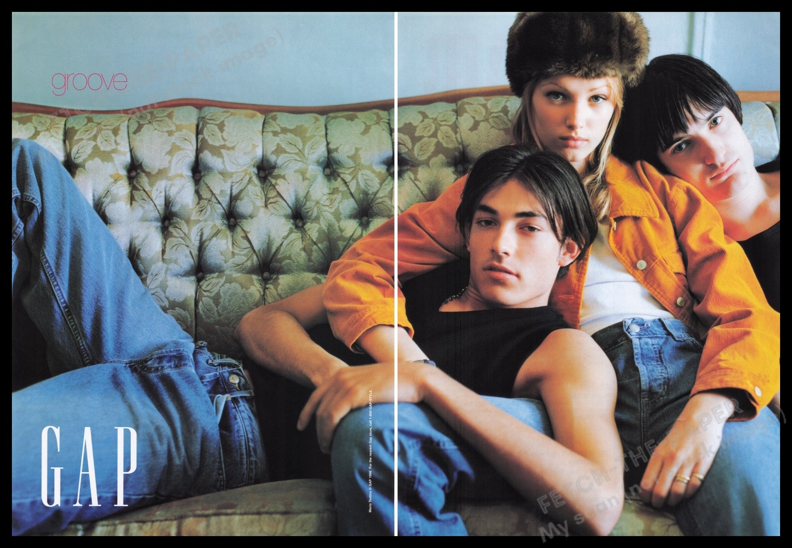 Gap Clothing Groove 1990s Print Advertisement (2 pages) 1996 Teens on a Couch