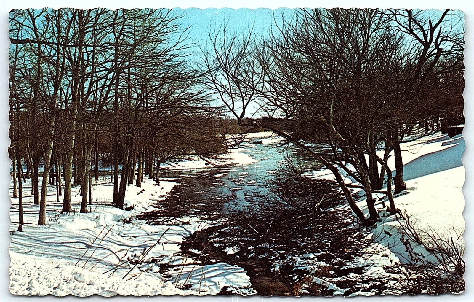 1971 Long Island NY winter creek scene postcard, mailed