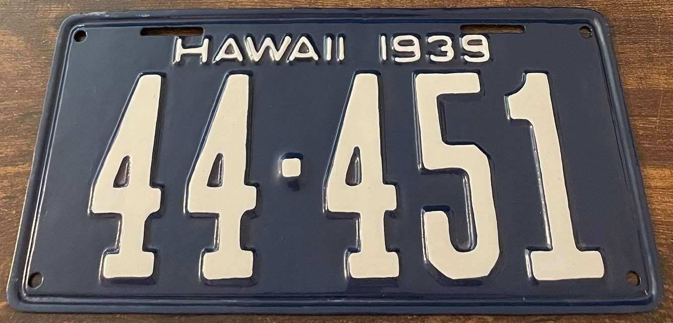1939 Hawaii Vintage License Plate 44-451 Professionally Restored Pre-War Good #