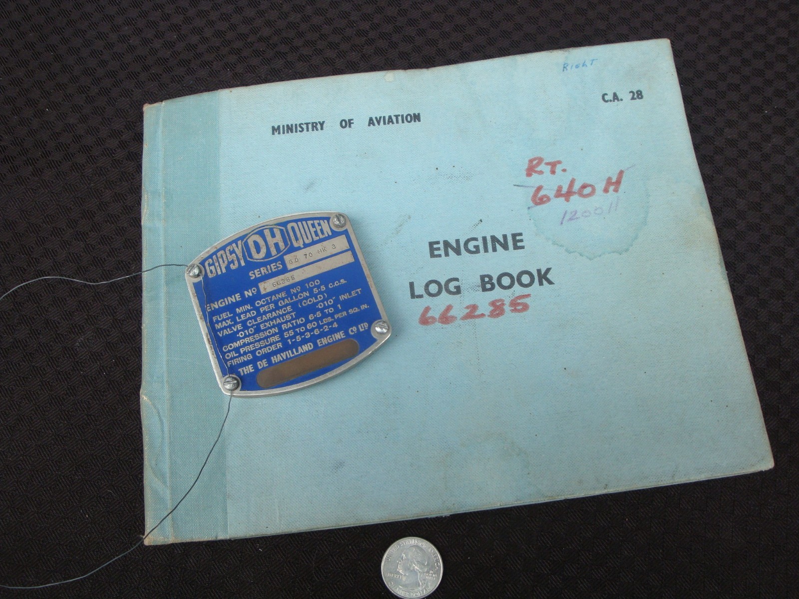 1962 de Havilland Gipsy Moth Data Plate And Engine Log Book