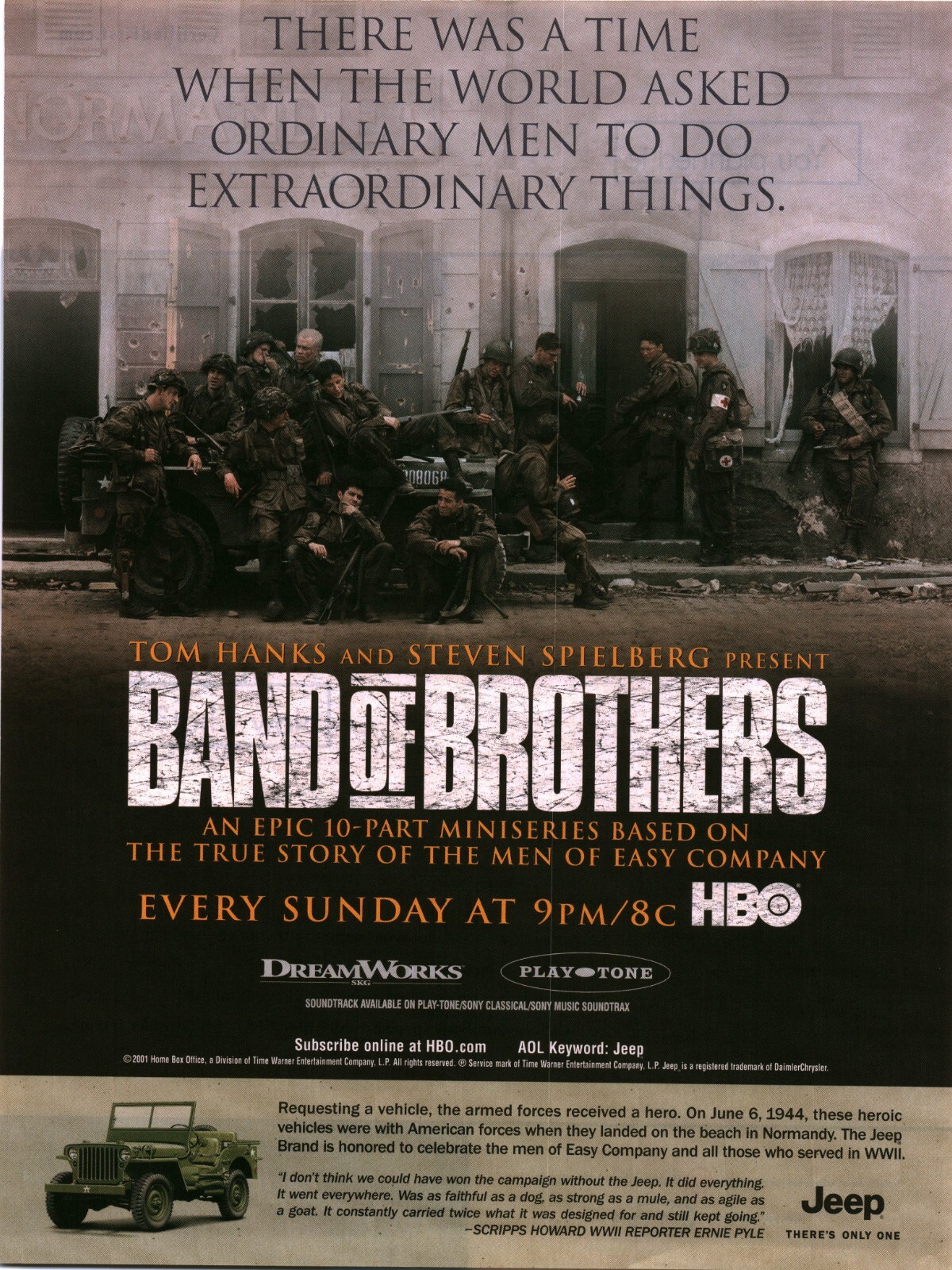 Jeep 2001 HBO Band of Brothers Vintage Print Ad Tom Hanks Jeeps In Normandy VTG