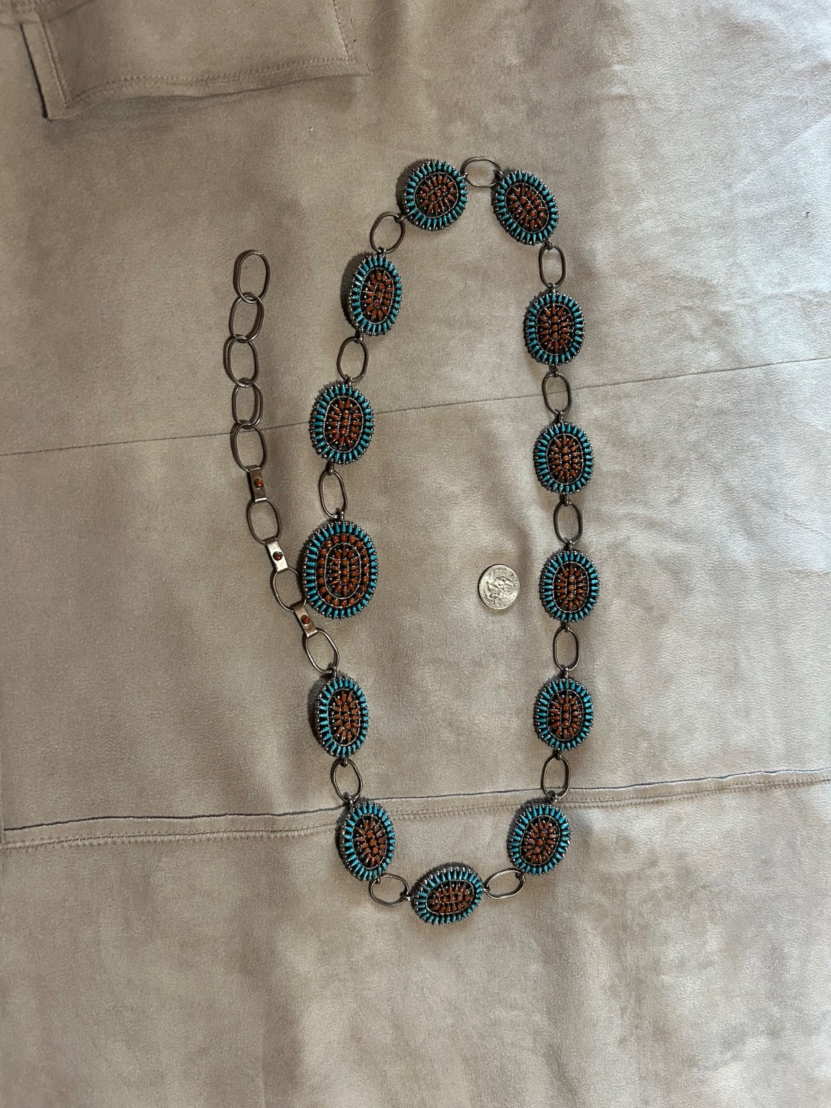 A Beautiful Silver, Coral & Turquoise 42 inch Navajo Belt Signed BY- Ben Yazzie