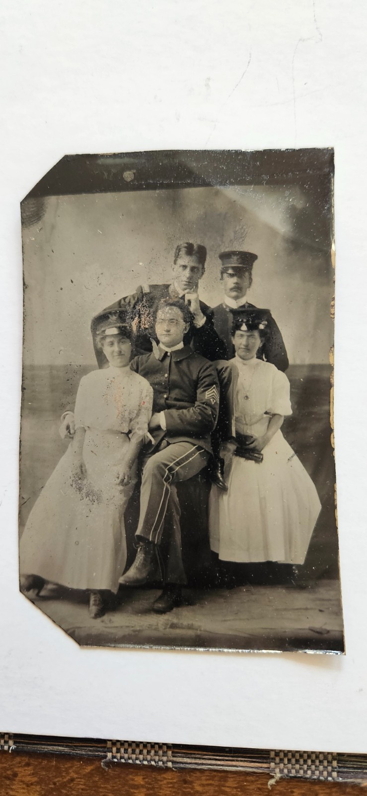 ​Antique Tintype Photo Group Soldiers Uniforms Women Wearing Military Caps C. 19