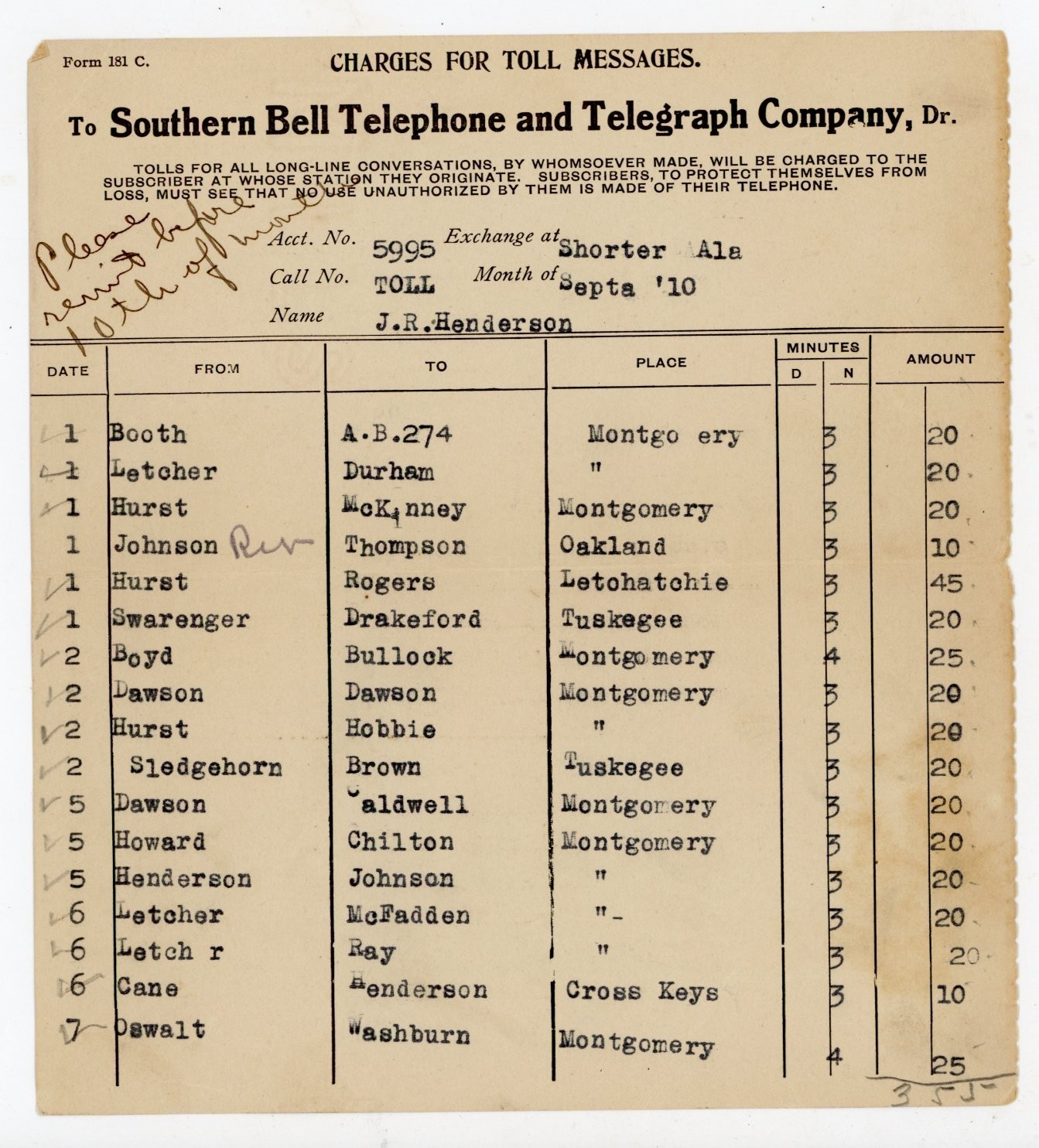 1910 Southern Bell Telephone Toll Bill Form – Alabama Long Distance Calls Epheme