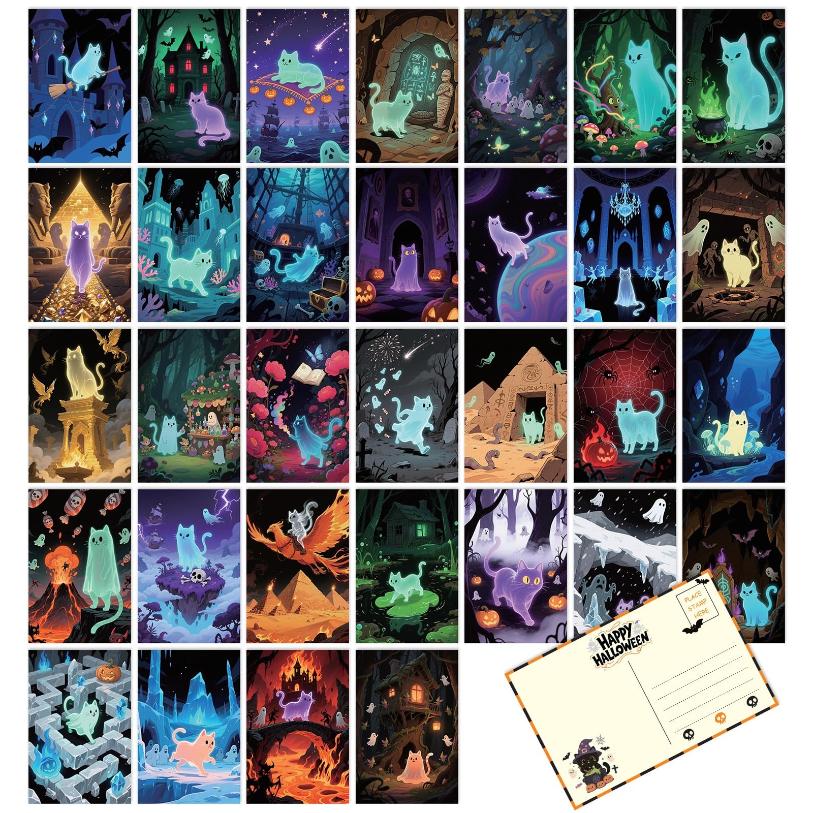 Tlenpo 32pcs Vintage Halloween Postcards Ghost 4×6 In, Cat Tlenpo 32pcs Vintage Halloween Postcards Ghost 4×6 In, Cat