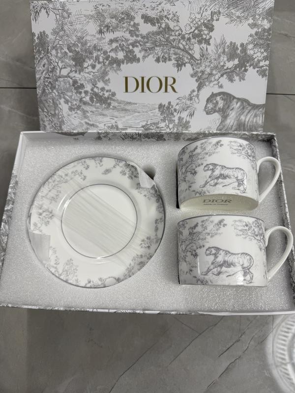 Dior Toile de Jouy Gray Tiger Porcelain Mug Cup Tea Saucer Set for 2 France Box