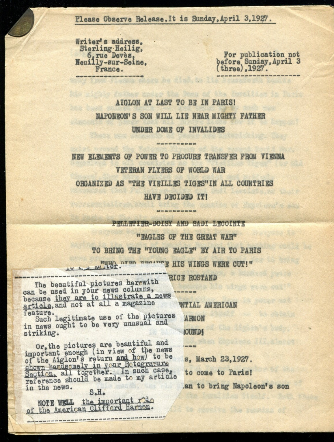 1927 Press Report Explains How Aiglon, Napoleon Deceased Son Returned To Paris 