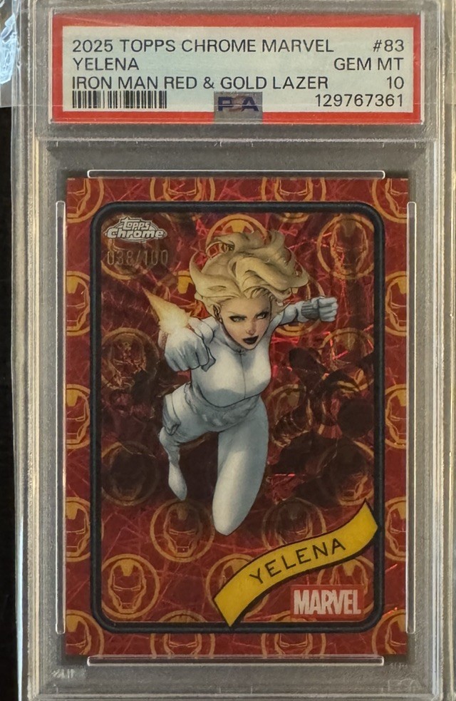 2025 Topps Chrome Marvel #83 Yelena 38/100 Red/Gold Iron Man Parallel PSA 10