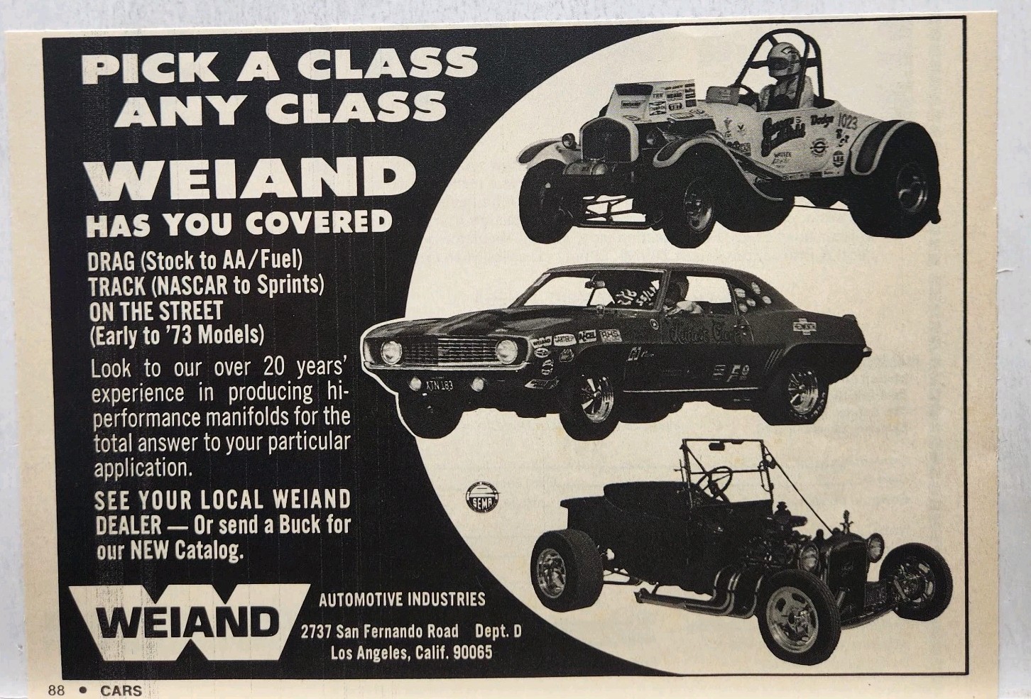 1973 Weiand Automotive Drag Track Street Camaro Original Print Ad Los Angeles CA