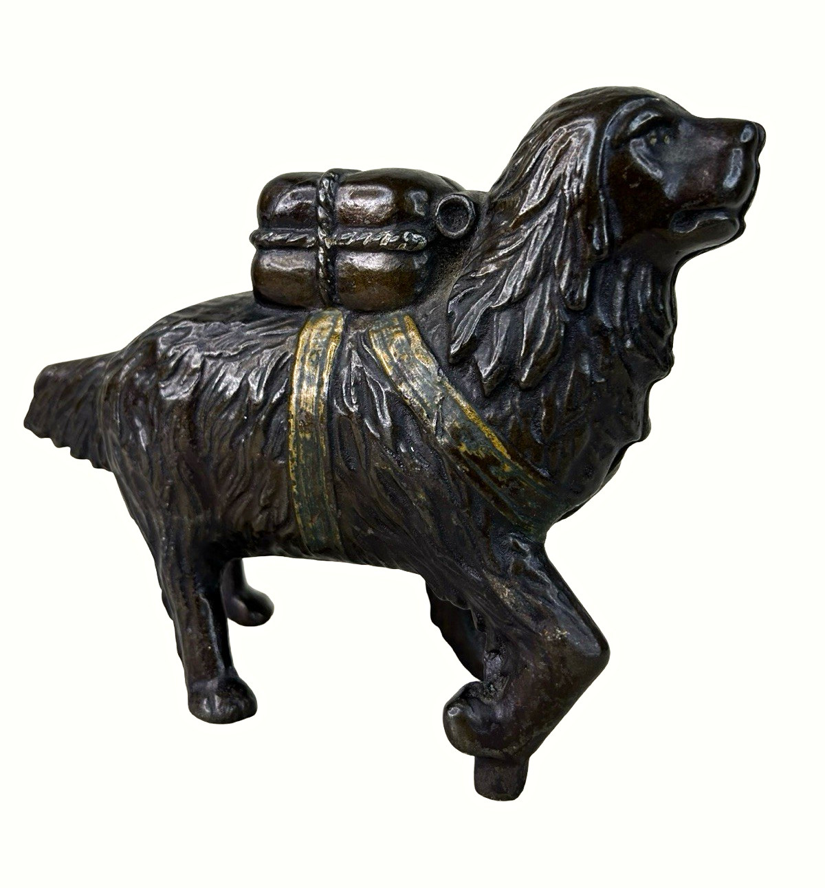 Antique Large Cast Iron Saint Bernard Dog Still Coin Bank with Rescue Pack 8”