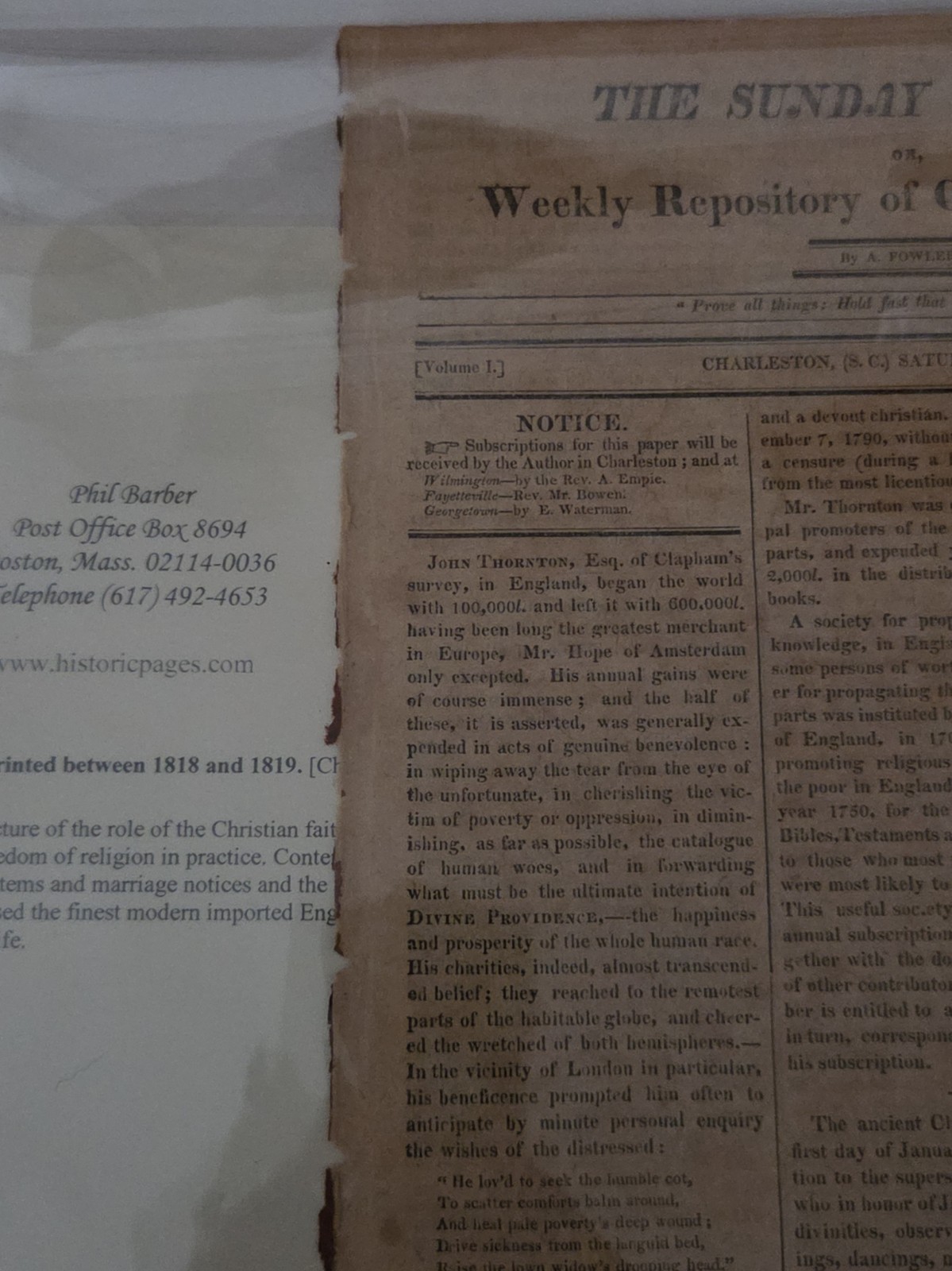 RARE 1818 Sunday Visitant Charleston SC Newspaper No 3 Antebellum South...