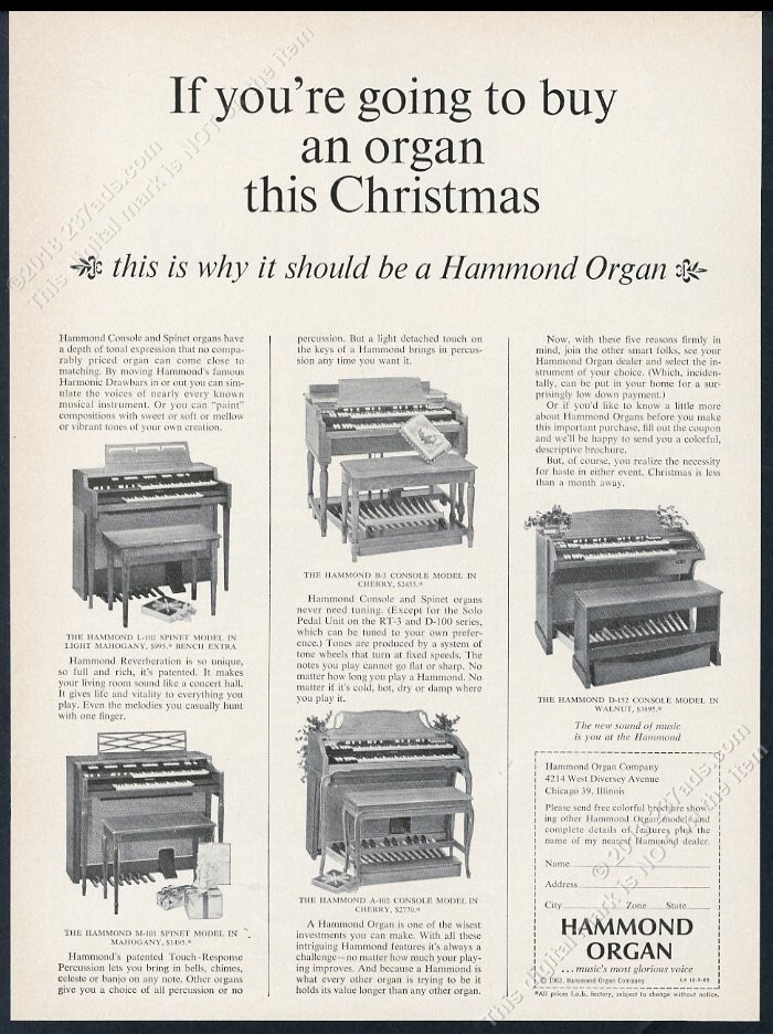 1963 Hammond B3 B-3 D152 A102 M101 L102 organ phoo Christmas vintage print ad