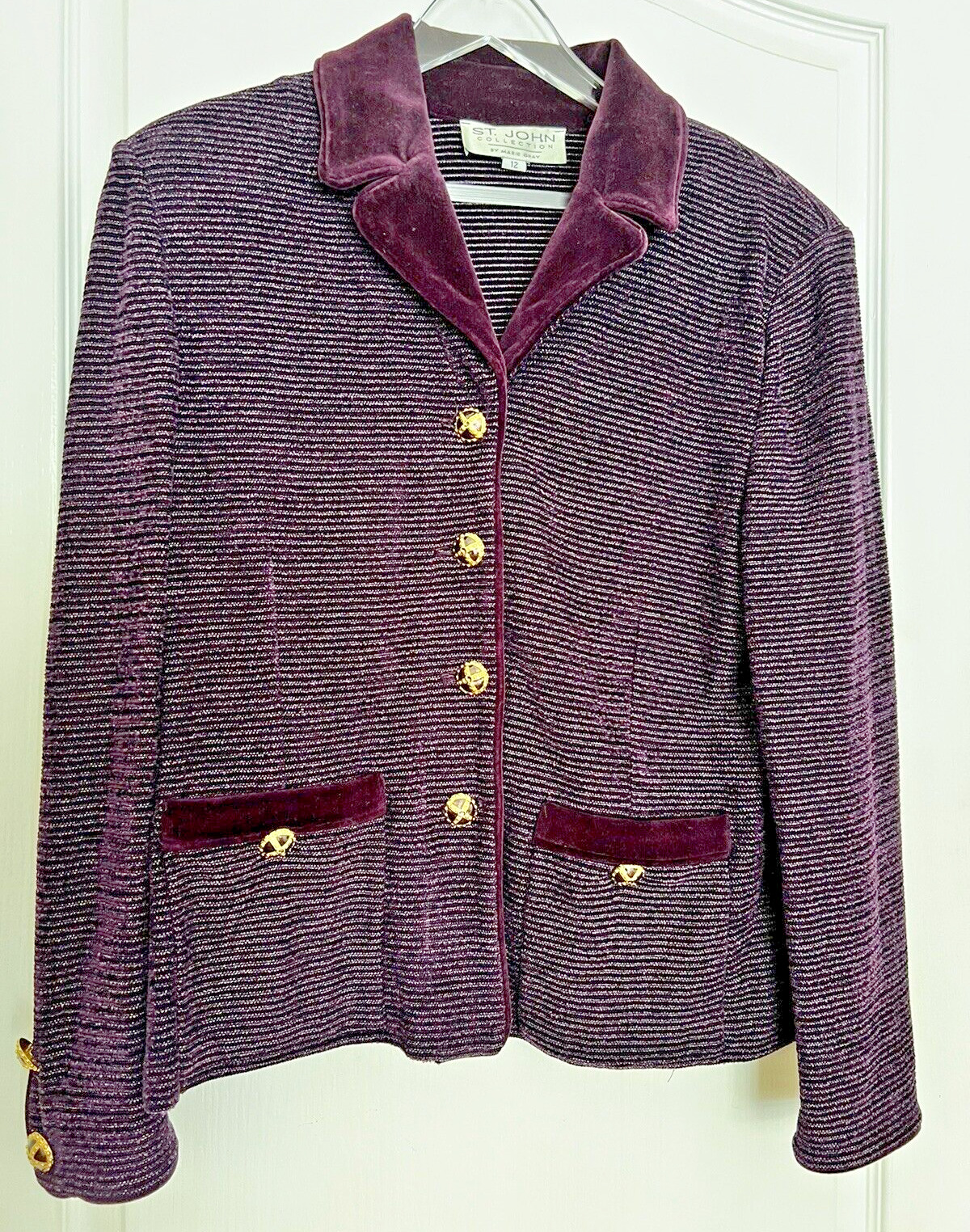 ST JOHN COLLECTION Marie Gray Purple Jacket Blazer 12 Enamel Button Made in USA
