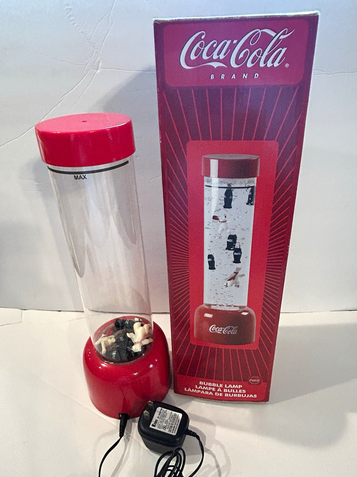 Vintage Y2K Coca-Cola Bubble Lamp Red/Clear w/ Adapter & Box, 14 in Soda Theme 