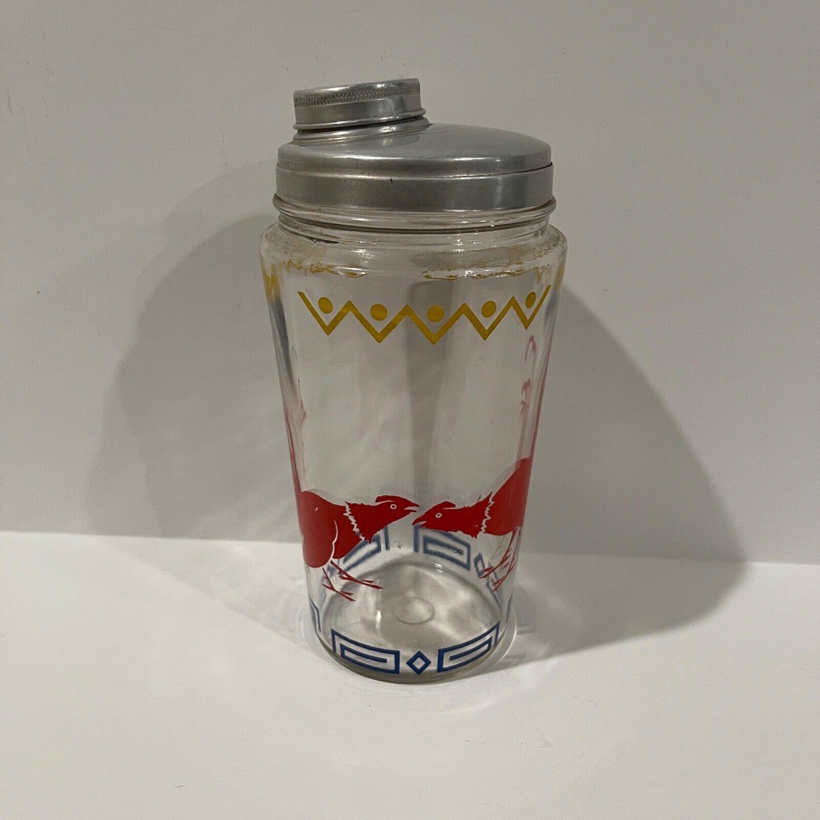 Cocktail Shaker vintage 1930s Fighting Roosters Hocking Red/Yellow/Blue