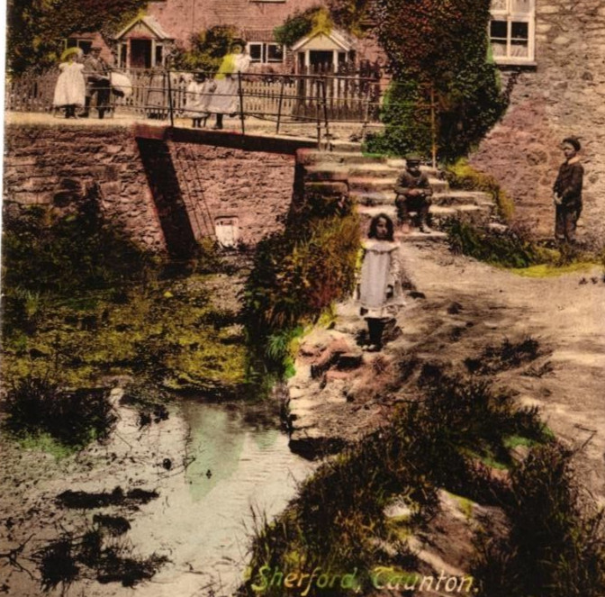 Postcard England Sherford, Taunton, Street, Stream, Children colorized, Unposted