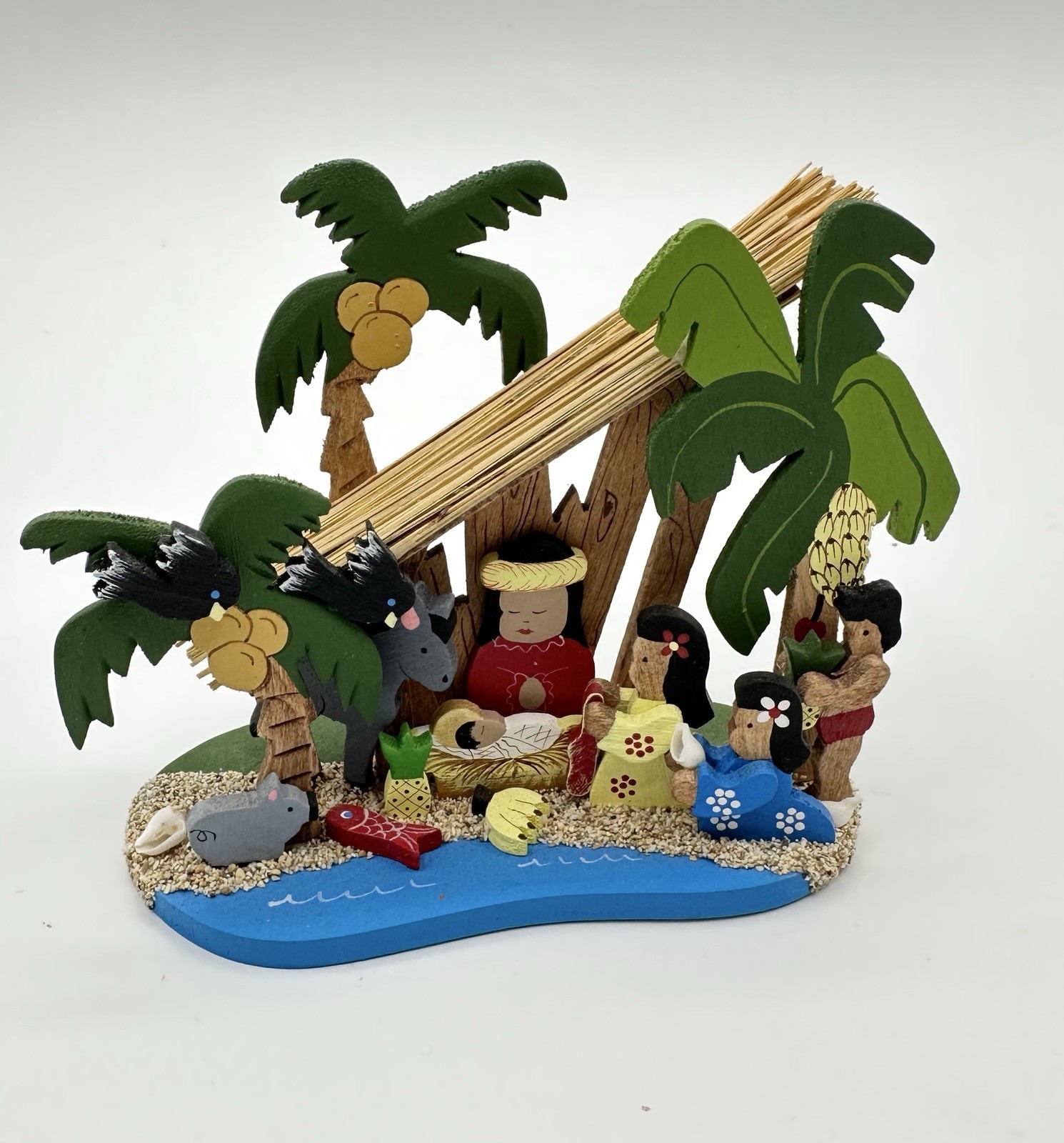 Vintage 1981 Emgee Hawaiian Nativity Scene Wood Straw Creche Island Christmas 5