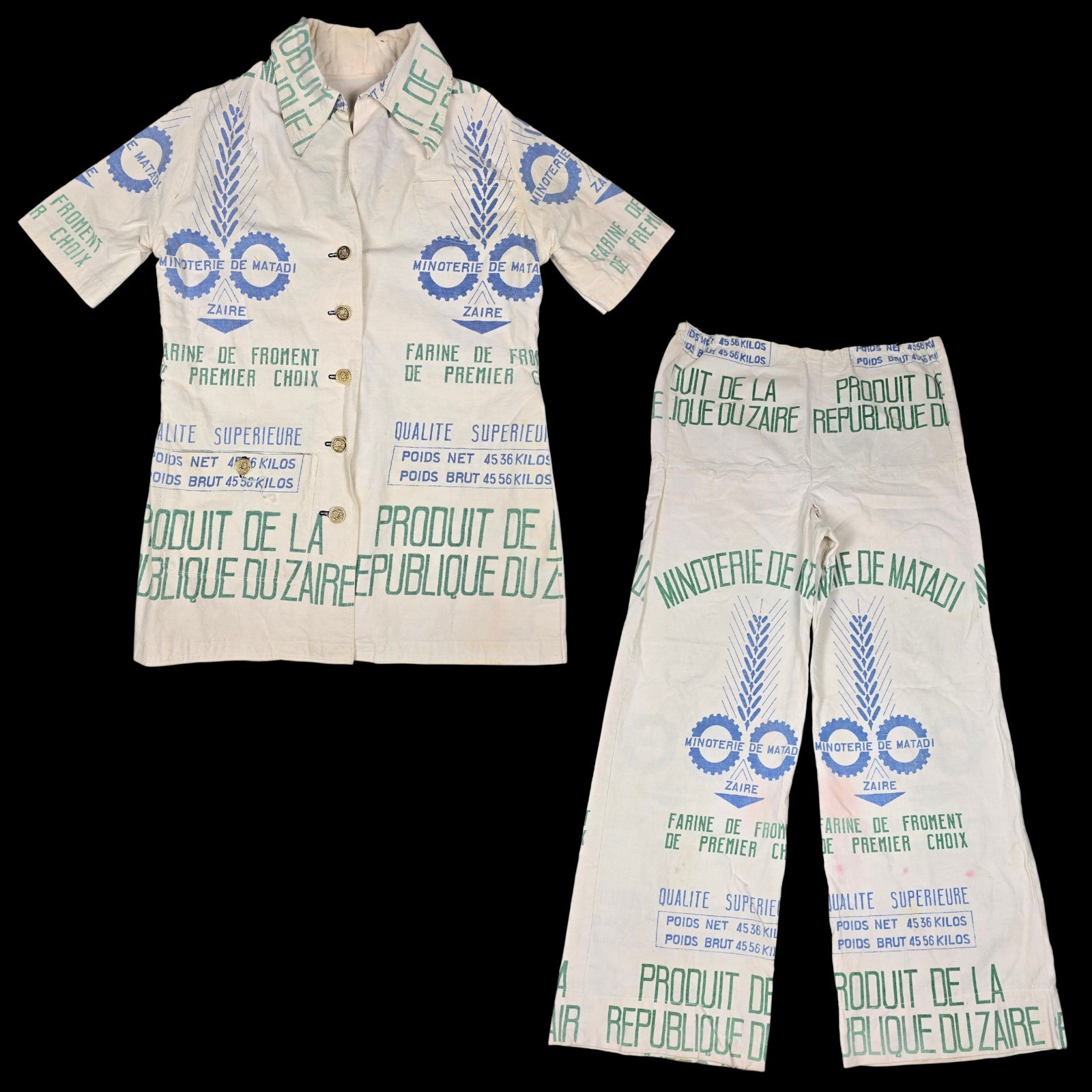 Vintage 70s Flour Sack Button Up Shirt Pants Set Sz L Minoterie De Matadi Zaire
