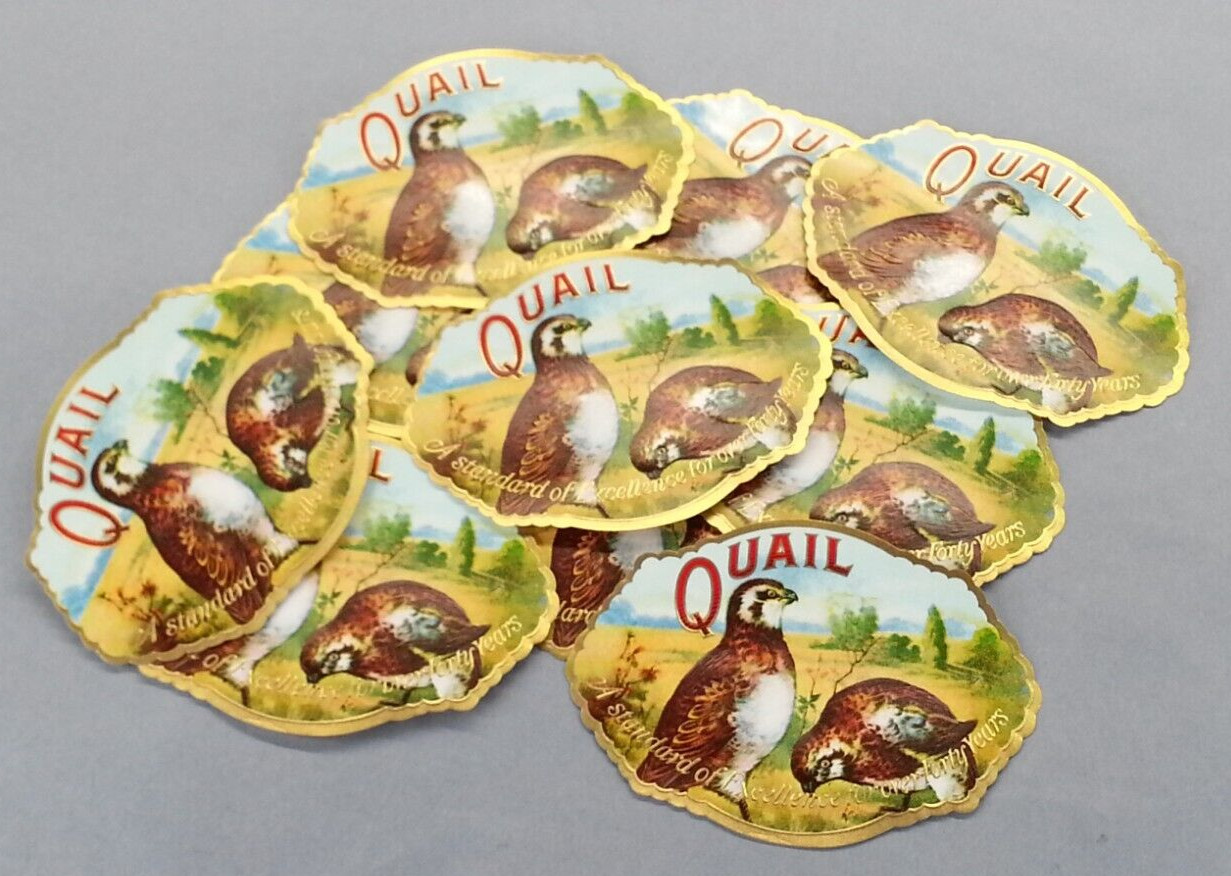 10 Vintage New Old Stock QUAIL Original Oval Cigar Box Label Embossed Bird