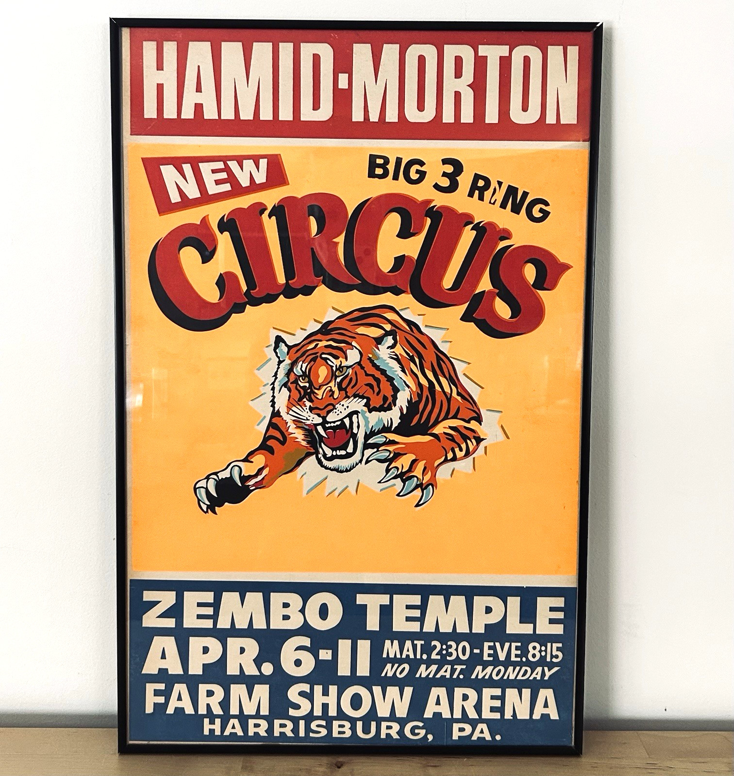 Vtg 1950s Circus Poster Hamid Morton Harrisburg PA Zembo Temple Americana Tiger